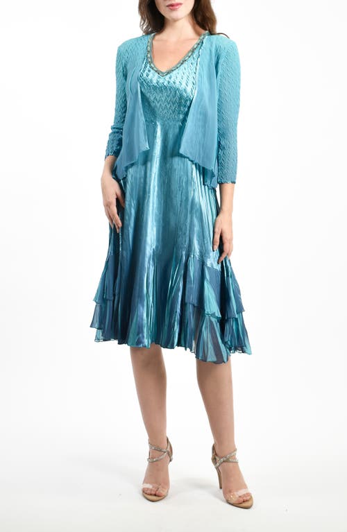 Tiered Charmeuse & Chiffon Dress & Jacket in Marine Night Ombre