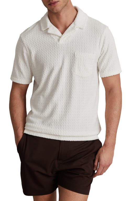 Reiss White Towelling Cable Knit Polo Shirt In White