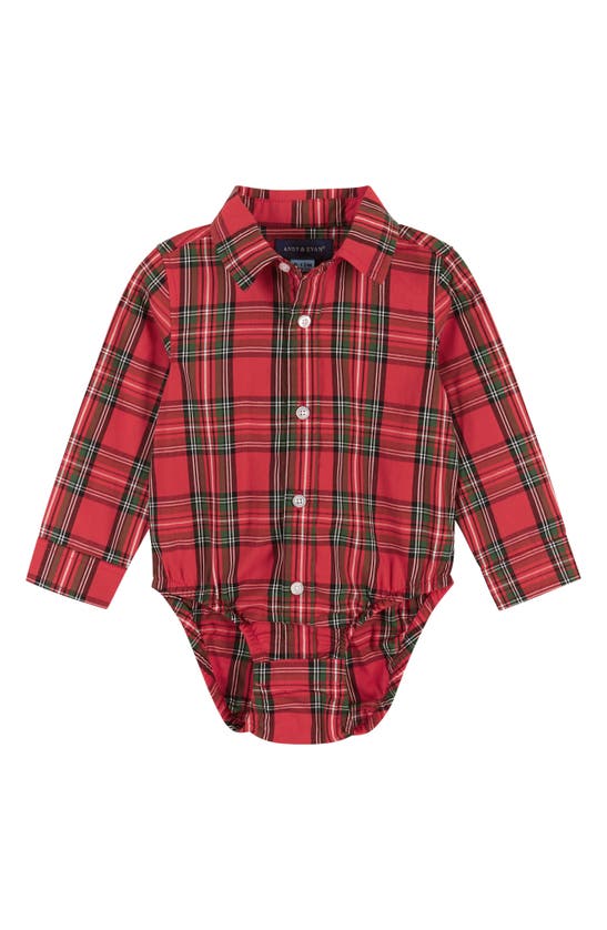 Shop Andy & Evan Holiday Plaid Flannel Bodysuit, Suspender Pants & Bow Tie Set In Red Plaid