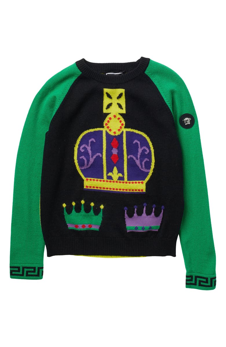 VERSACE Crown Wool Sweater, Main, color, BLACK-GREEN-MULT