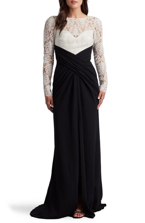 Corded Lace & Crepe Long Sleeve Gown