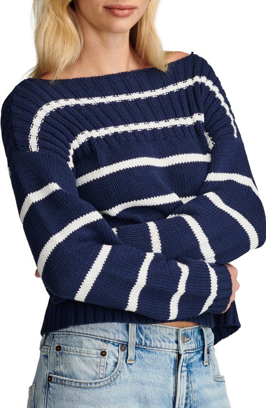 Shop Lucky Brand Stripe Cotton Crop Sweater In Cad Navy Tofu Stripe