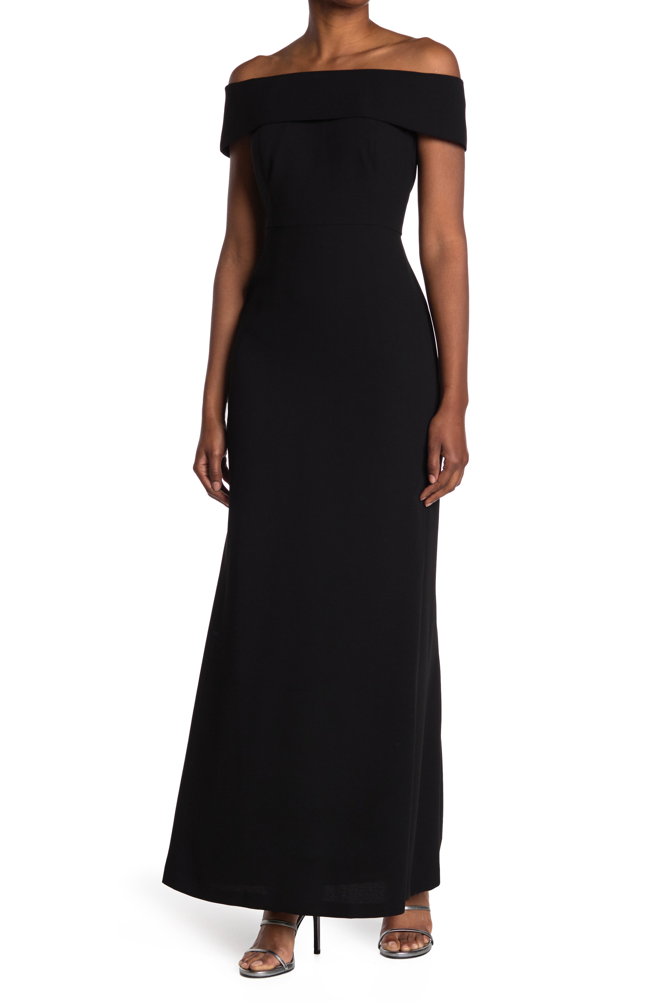 Calvin Klein Off The Shoulder Crepe Gown In Black
