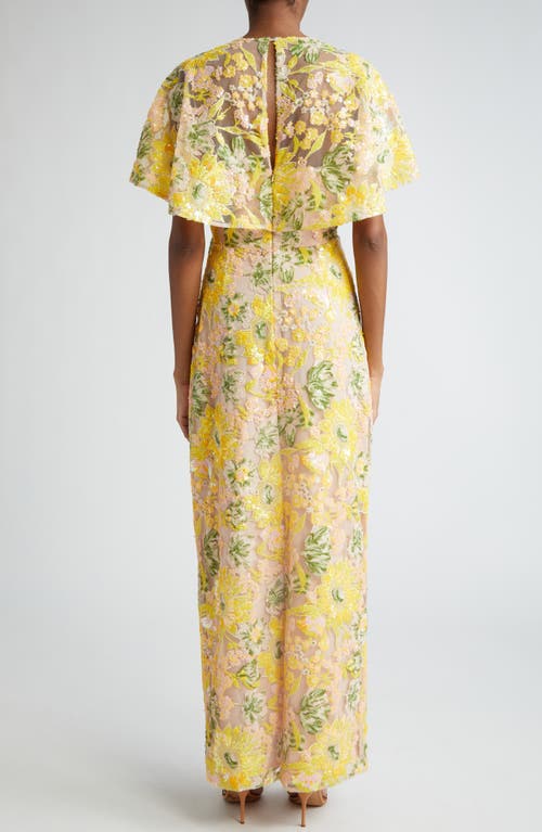 Shop Lela Rose Sequin Embroidered Flutter Sleeve Column Gown In Limoncello