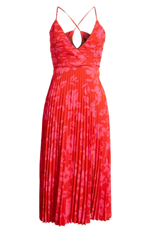 Shop Lulus Vibrant Moment Floral Pleated Midi Cocktail Dress In Red/hot Pink