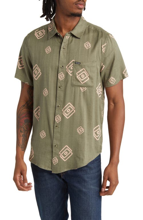 Charter Classic Fit Short Sleeve Slub Button-Up Shirt in Olive Surplus/Coral Pink