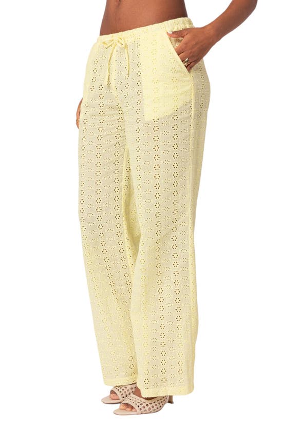 Shop Edikted Lemon Eyelet Embroidered Cotton Drawstring Pants In Yellow