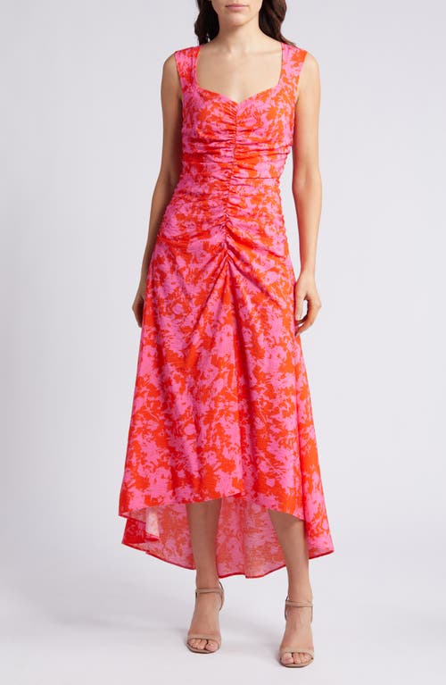 Chelsea28 Ruched High-low Midi Dress In Orange/pink Branches