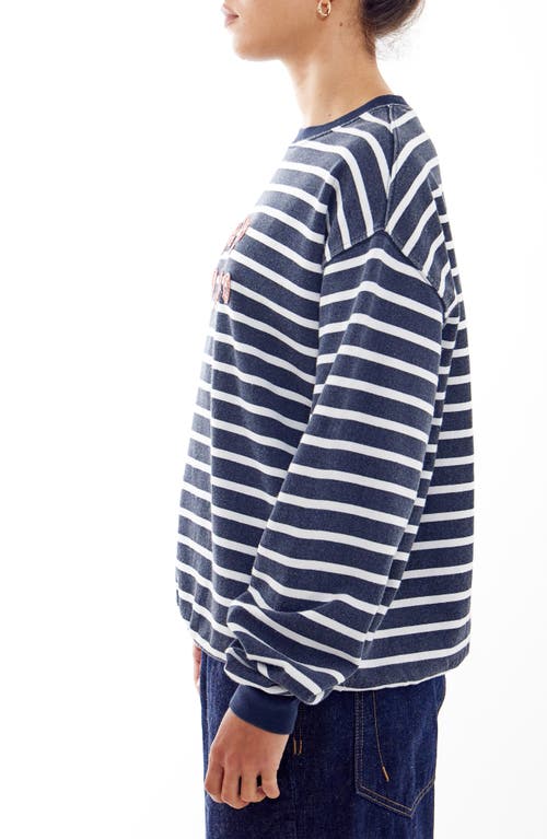 Shop Bdg Urban Outfitters Nyc 1990 Appliqué Stripe Long Sleeve Cotton Graphic T-shirt In Navy Stripe