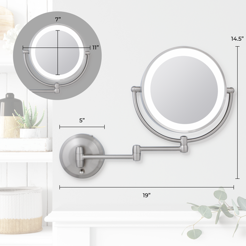 Zadro Lighted Wall Mounted Makeup Mirror With 5x/1x Magnification & Extendable Arm In Satin Nickel