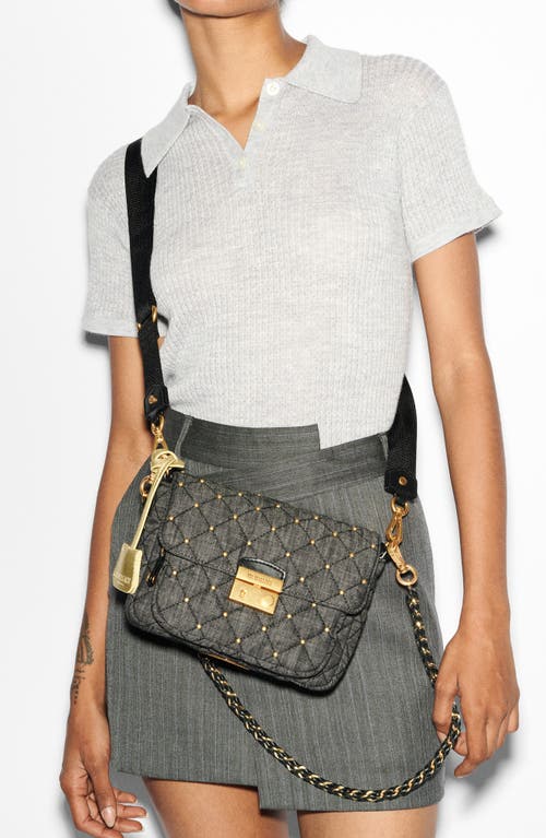 Mz Wallace Small Crosby Lock Quilted Denim Crossbody Bag In True Charcoal Denim