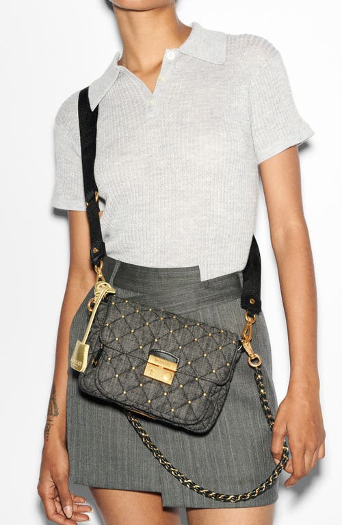 Shop Mz Wallace Small Crosby Lock Quilted Denim Crossbody Bag In True Charcoal Denim