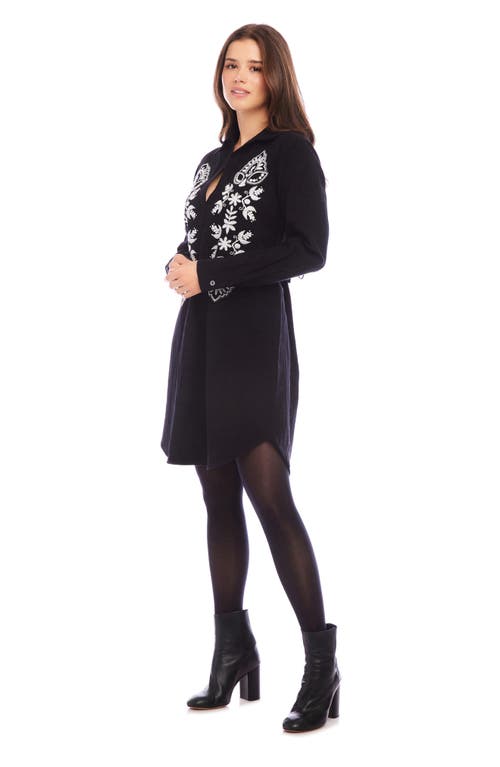 Shop Karen Kane Embroidered Long Sleeve Cotton & Linen Shirtdress In Black