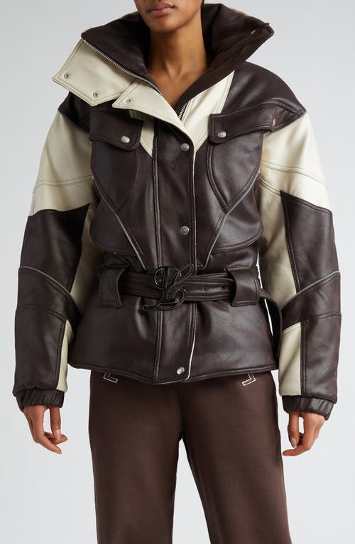 Belted Tech Faux Leather Puffer Jacket in Tri-Color Mocha