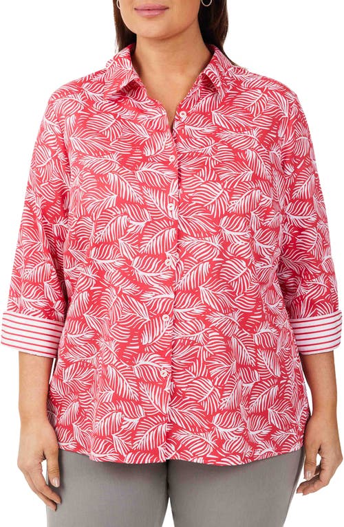 Foxcroft Lucie Leaf Print Cotton Button-Up Shirt in French Rose at Nordstrom, Size 14W