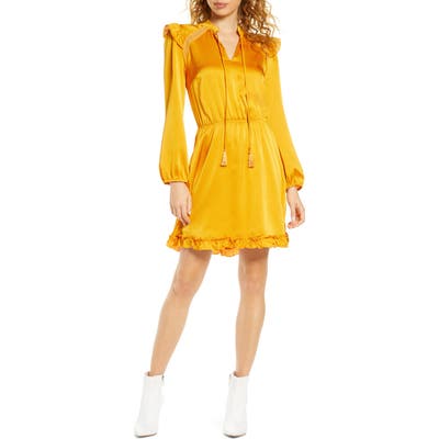 Fraiche By J Tie Neck Long Sleeve Satin Dress, Yellow