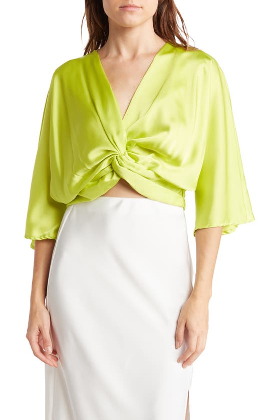 RENEE C PLUNGE NECK LONG SLEEVE TWISTED KNOT SATIN TOP