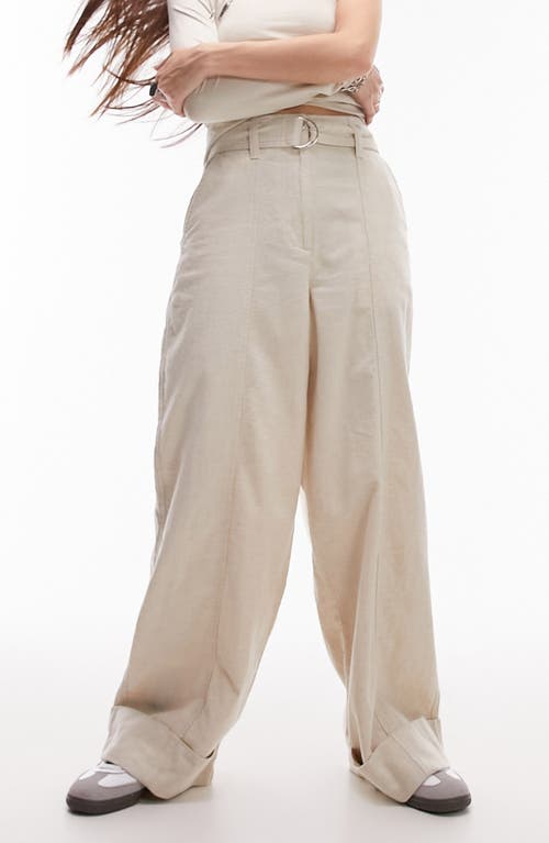 Belted Cotton & Linen Wide Leg Trousers in Ivory