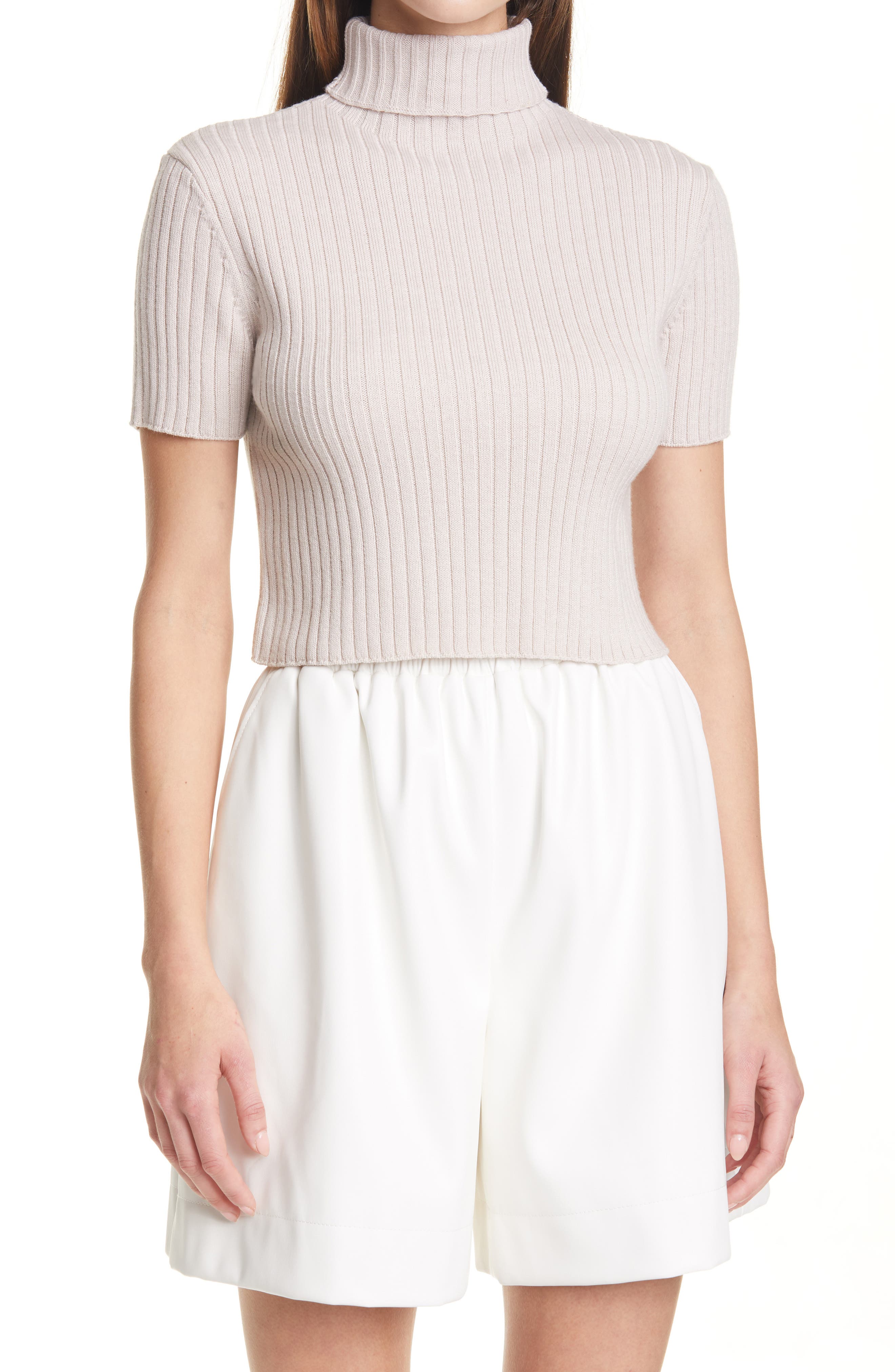 STAUD Lilou Crop Wool Blend Turtleneck Sweater in Light Oatmeal at Nordstrom, Size Large
