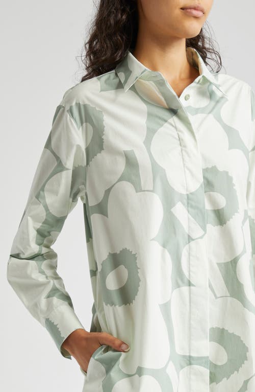 Shop Marimekko Runoelma Unikko Long Sleeve Poplin Shirtdress In Greyish Green/light Green