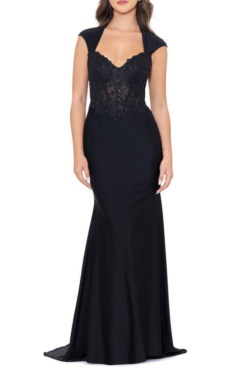 Betsy & Adam Beaded Bodice Open Back Sheath Gown Black at Nordstrom,