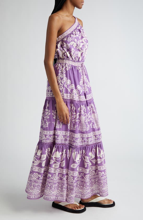 Shop Farm Rio Sweet Garden Lilac One-shoulder Tiered Cotton Maxi Dress