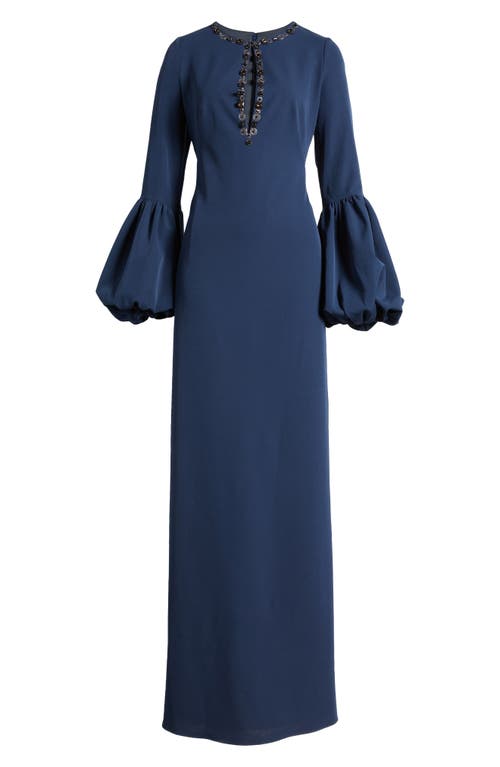 Marchesa Notte Embellished Long Sleeve Crepe Gown In Midnight