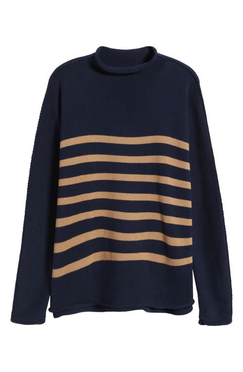 Frank & Eileen Monterey Stripe Cotton Funnel Neck Sweater In Navy W/camel Stripe