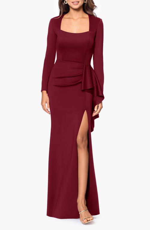 Shop Xscape Evenings Side Ruffle Long Sleeve Scuba Gown In Wine