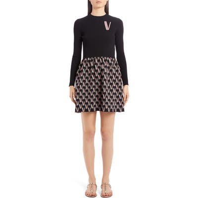 Valentino Logo Jacquard Long Sleeve Sweater Minidress, Black