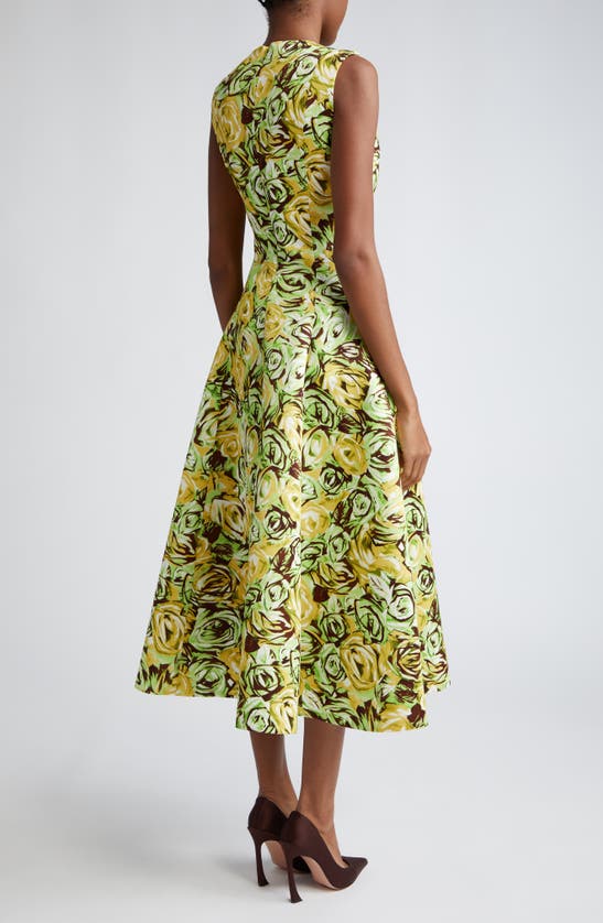 Shop Emilia Wickstead Madi Rose Sleeveless Fit & Flare Dress In Abstract Roses Green/lemon