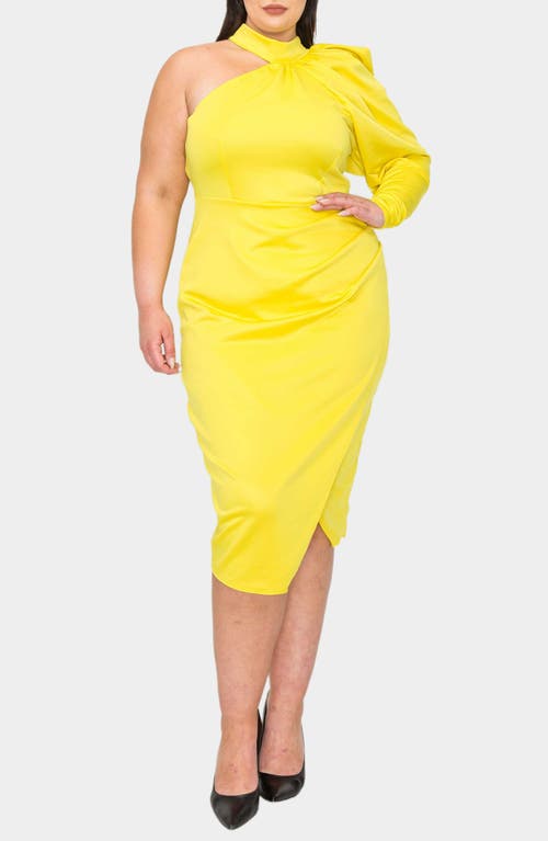 Shop L I V D Gigi One-shoulder Long Sleeve Midi Dress In Yellow