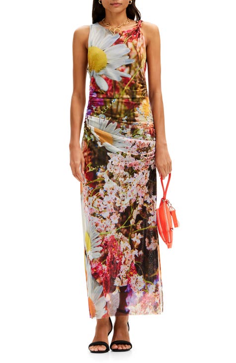 Marigold Floral Ruched Tank Dress