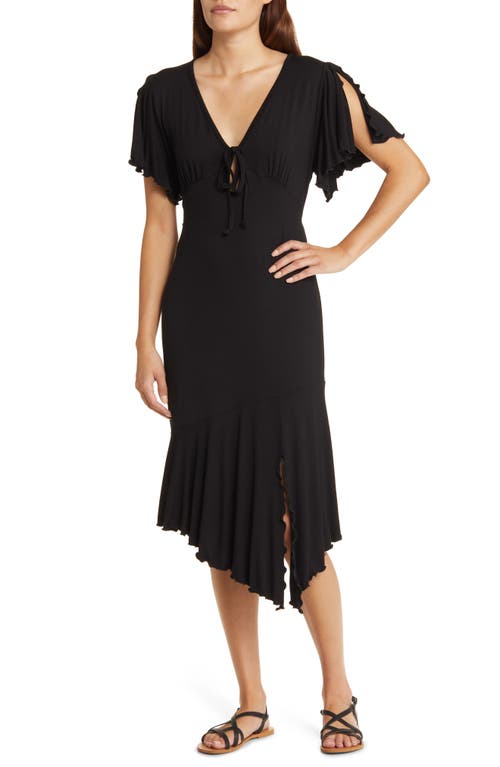 Flouncy Tie Front Asymmetric Hem Sheath Dress in Black