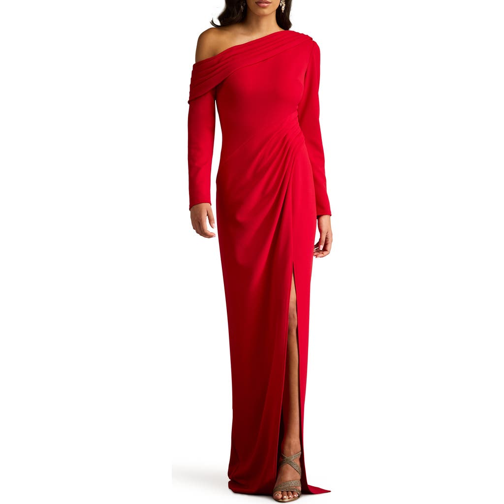 Tadashi Shoji Pleated One-shoulder Long Sleeve Crepe Gown In Flame