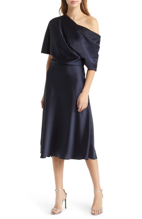 One-Shoulder Fluid Satin Cocktail Midi Dress in Navy