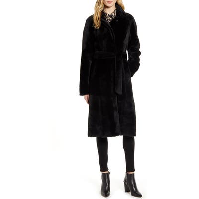 Hiso Harley Belted Genuine Shearling Coat, Black