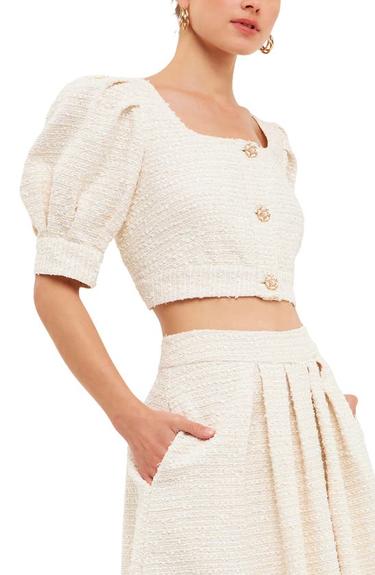 Shop Endless Rose Premium Puff Sleeve Tweed Crop Top In Ivory