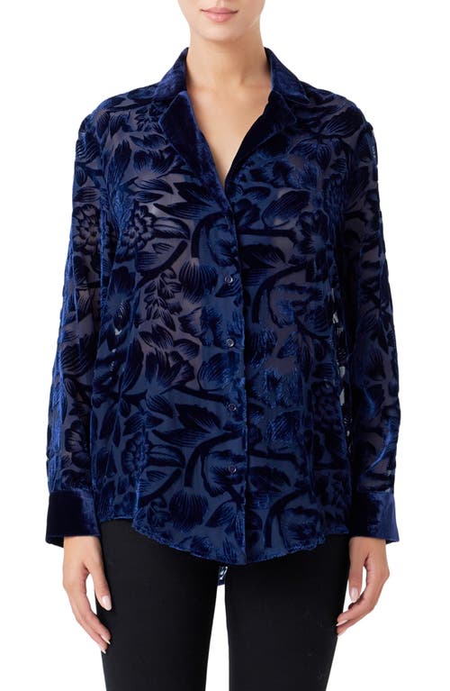 Endless Rose Floral Semisheer Velvet Burnout Long Sleeve Button-Up Shirt Navy at Nordstrom,