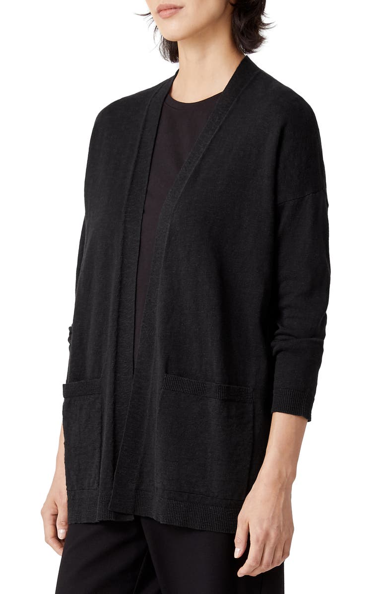 EILEEN FISHER Organic Linen & Organic Cotton Cardigan, Main, color, BLACK