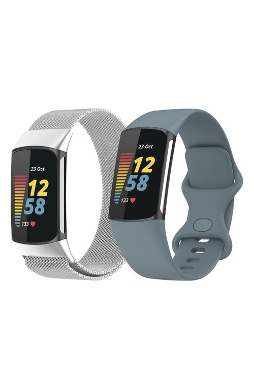 Shop The Posh Tech Assorted 2-pack Silicone Sport & Stainless Steel Fitbit® Watchbands In Silver/blue Mist