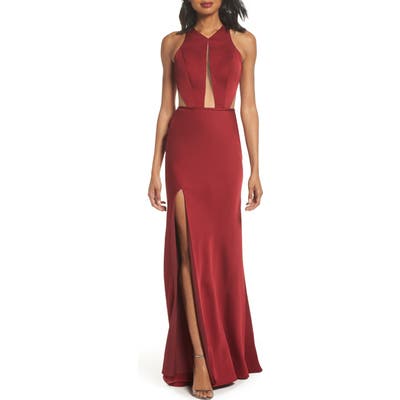 La Femme Cutout Detail Satin Gown, Burgundy