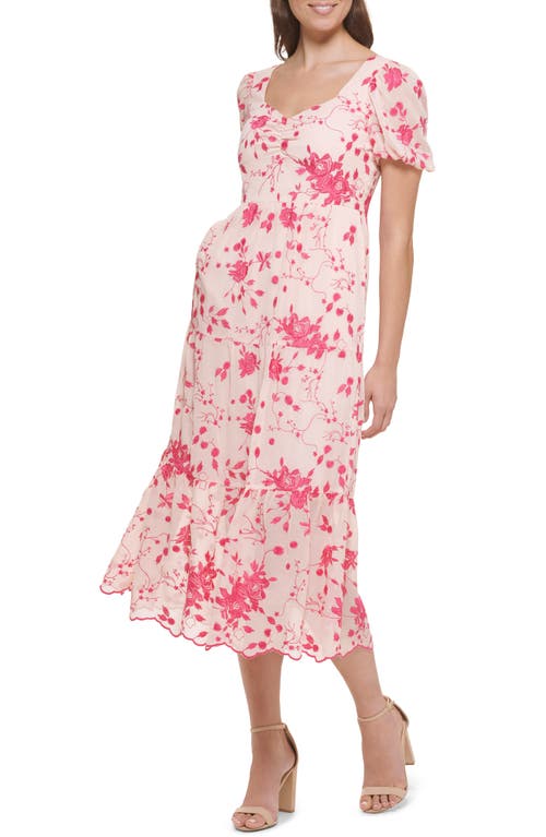 Shop Kensie Floral Embroidered Puff Sleeve Chiffon Midi Dress In Blush/rasberry