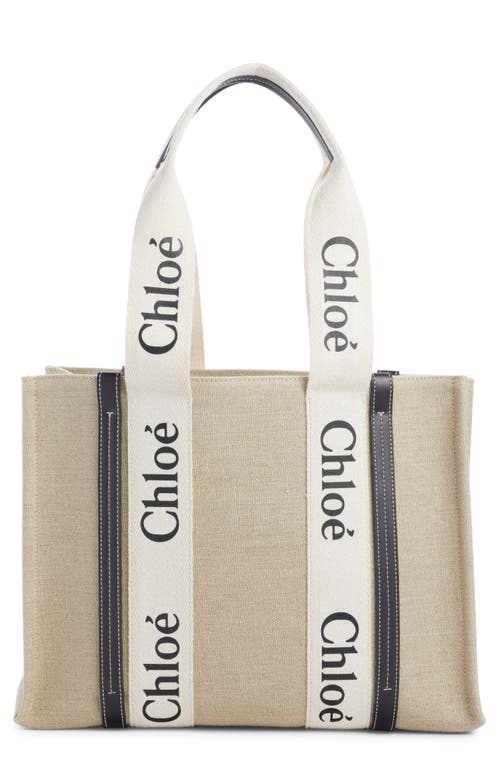 Chloé Large Woody Linen Tote in White - Blue 1