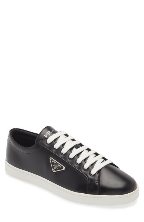Prada Lane Triangle Logo Low Top Leather Sneaker In Black