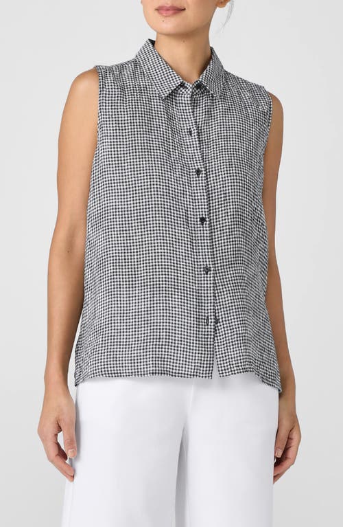 Eileen Fisher Classic Gingham Sleeveless Organic Linen Button-up Shirt In Black/white
