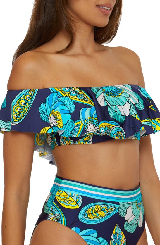 Shop Trina Turk Pirouette Ruffle Off The Shoulder Bikini Top In Blue Multi