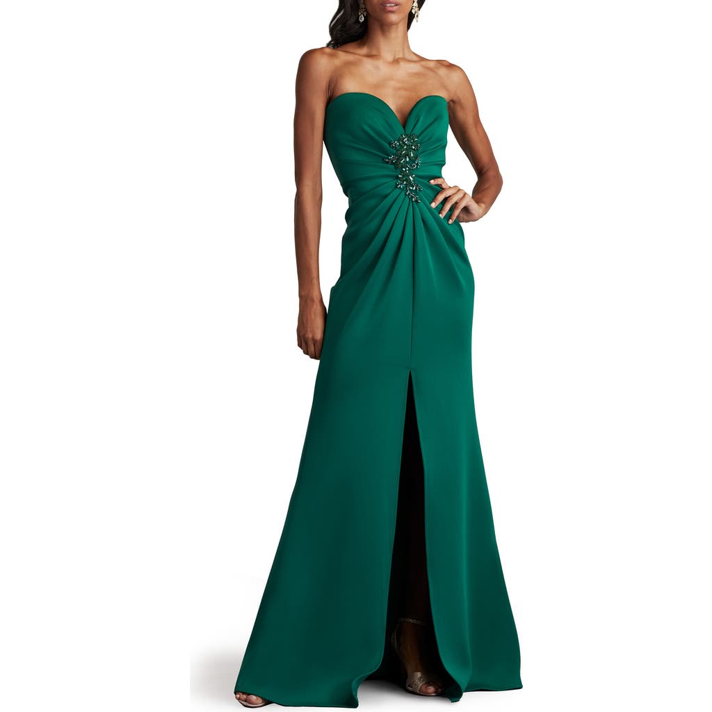 Sho By Tadashi Shoji Strapless Beaded Applique Column Gown In Jungle Green
