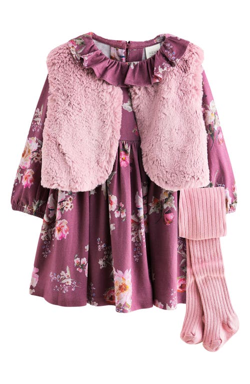 NEXT Kids' Floral Dress, Faux Fur Vest & Tights Set Purple at Nordstrom, Y
