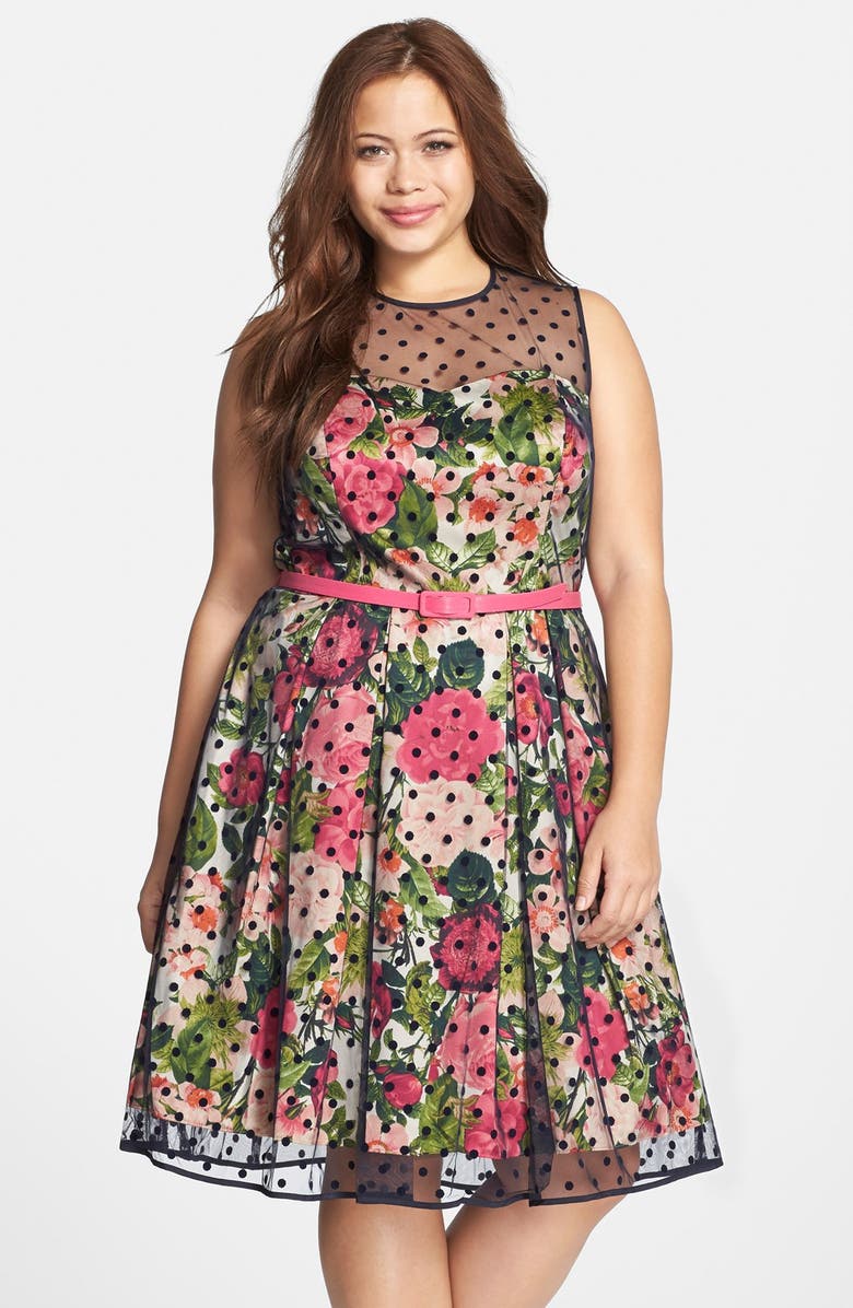 Eliza J Floral Print Party Dress with Flocked Dot Overlay (Plus Size ...